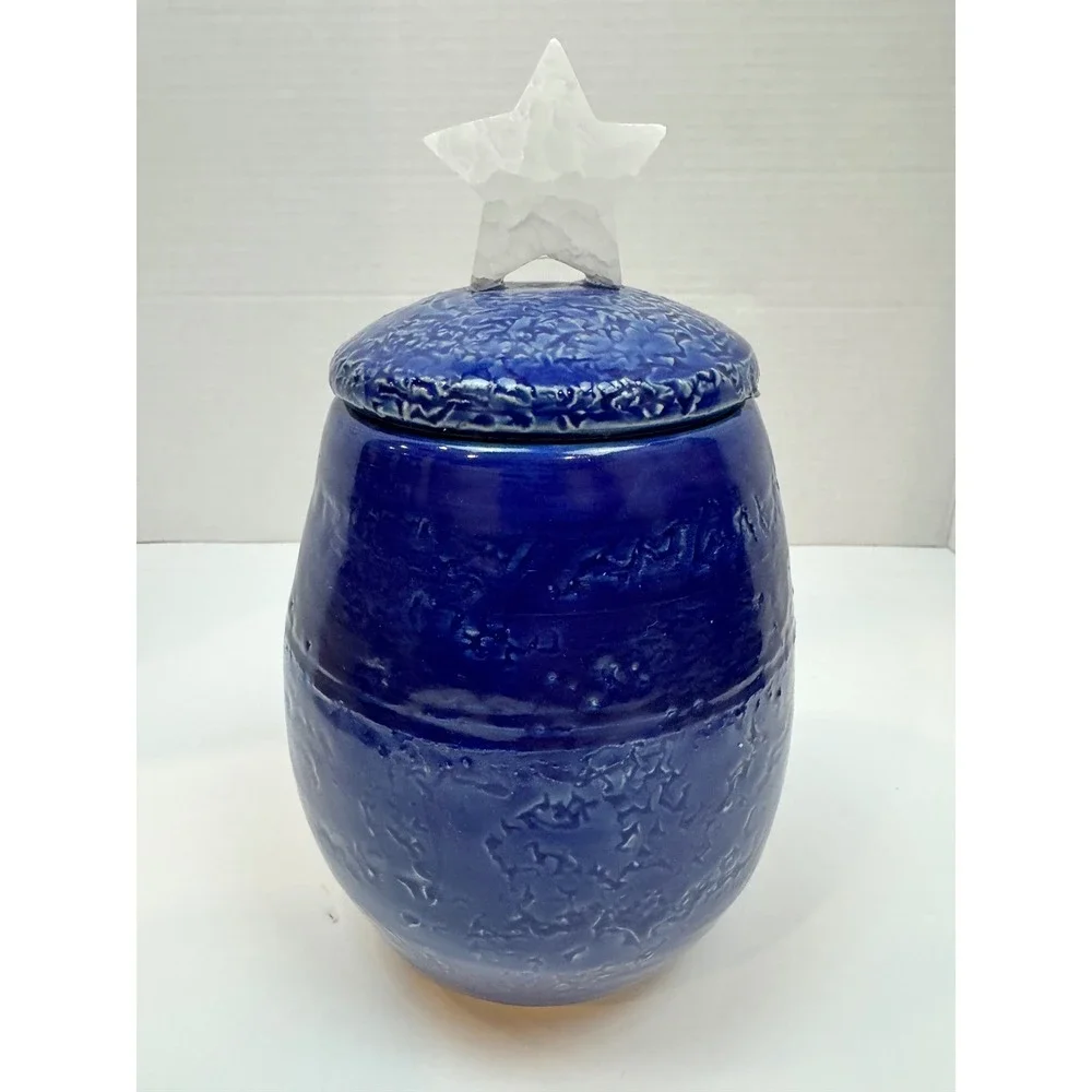 Celestial Art Pottery Cobalt Blue Textured Ceramic Jar with Crystal Star‎ Finial
